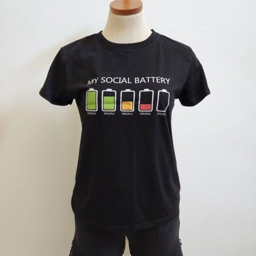 SHEIN My social Battery & Letter Graphic Tee Crewneck short Sleeve - Picture 3 of 9